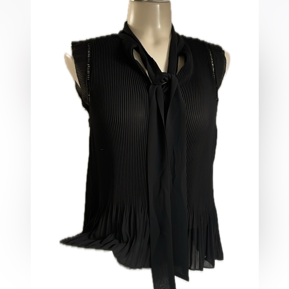 Semi sheer plisse  sleeveless black Blouse with attached tie